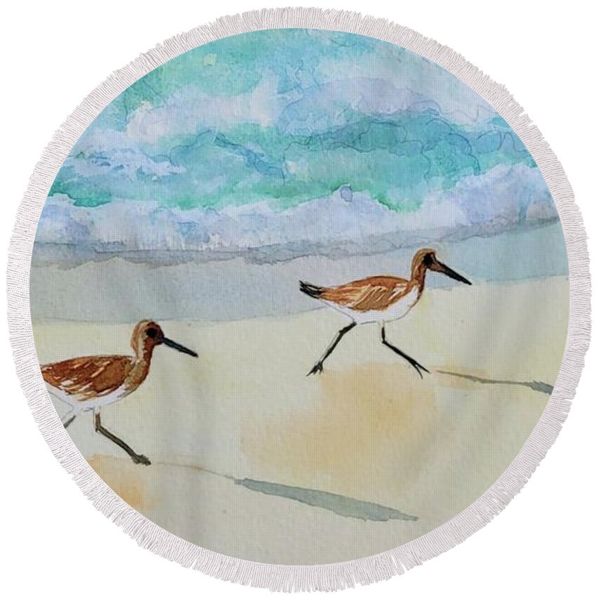 Sandpiper Round Beach Towel featuring the painting Two Sandpipers by Ann Frederick