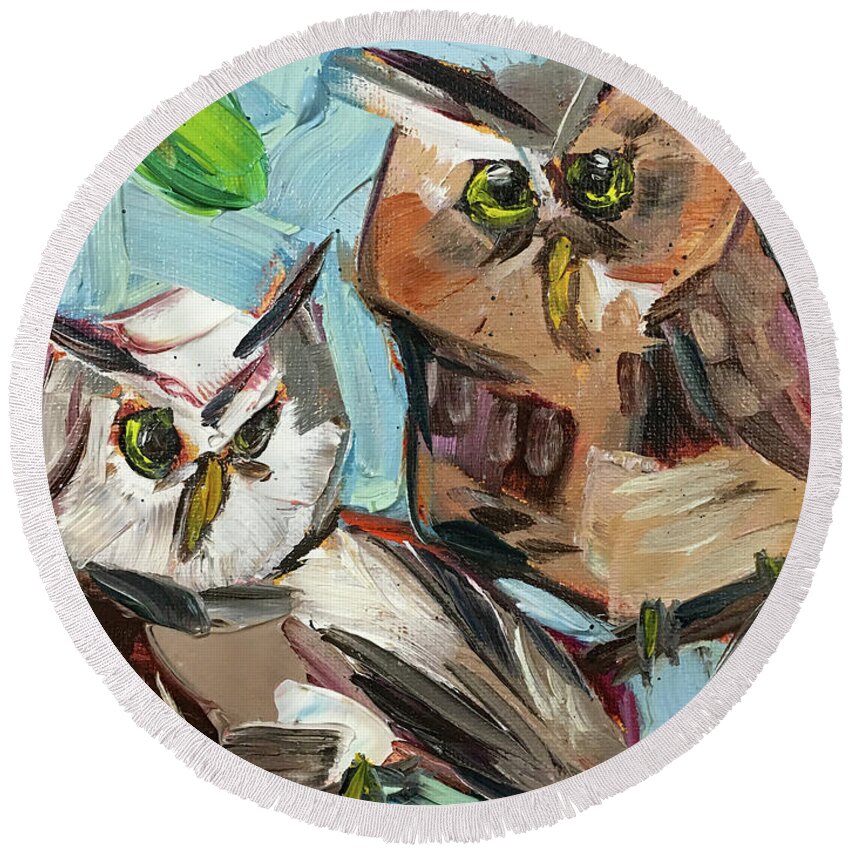 Owls Round Beach Towel featuring the painting Two Screech Owls by Roxy Rich