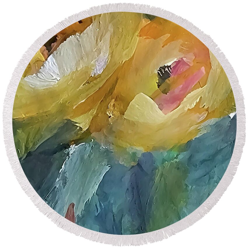 Impressionistic Round Beach Towel featuring the painting Two Small Yellow Flowers Looking Upward by Lisa Kaiser
