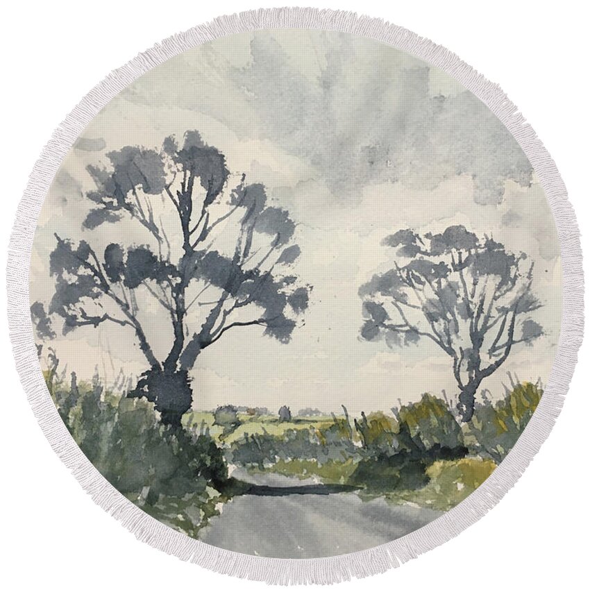 Watercolour Round Beach Towel featuring the painting Two Trees on Thwing Road by Glenn Marshall