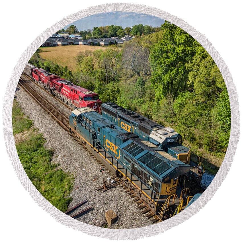 Railroad Round Beach Towel featuring the photograph Two way meet at Courland TN on the CSX Henderson Subdivision by Jim Pearson