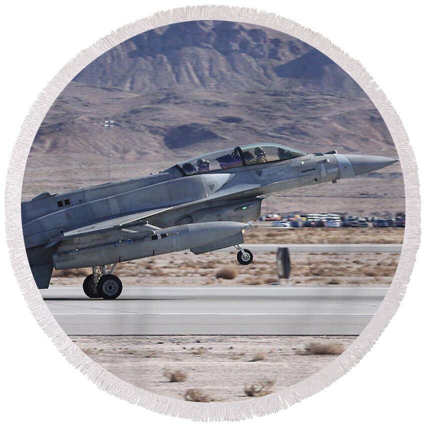 Falcon Round Beach Towel featuring the photograph UAE Block 60 F-16 Recovering to Nellis AFB by Custom Aviation Art