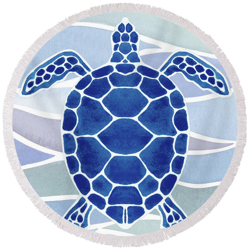 Giant Round Beach Towel featuring the painting Ultramarine Blue Giant Turtle In Waves Watercolor by Irina Sztukowski