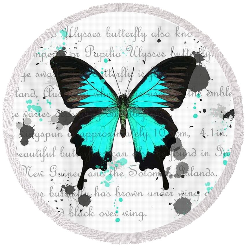Butterfly Round Beach Towel featuring the drawing Ulysses Butterfly White Background by Joan Stratton