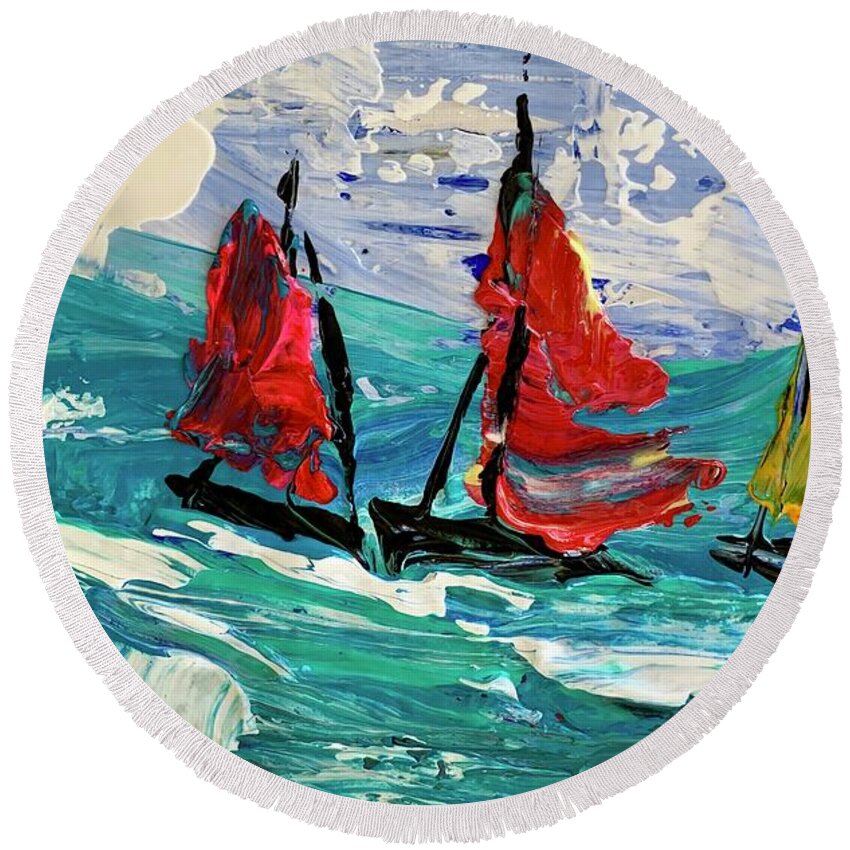 Boat Round Beach Towel featuring the painting Uncharted Waters 3 by Sherry Harradence