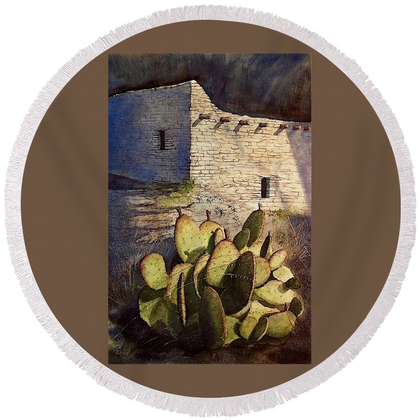 The Gila Cliff Dwellings National Monument In New Mexico Gila Wilderness. Fabulous! Round Beach Towel featuring the painting Under The Cliff by John Glass