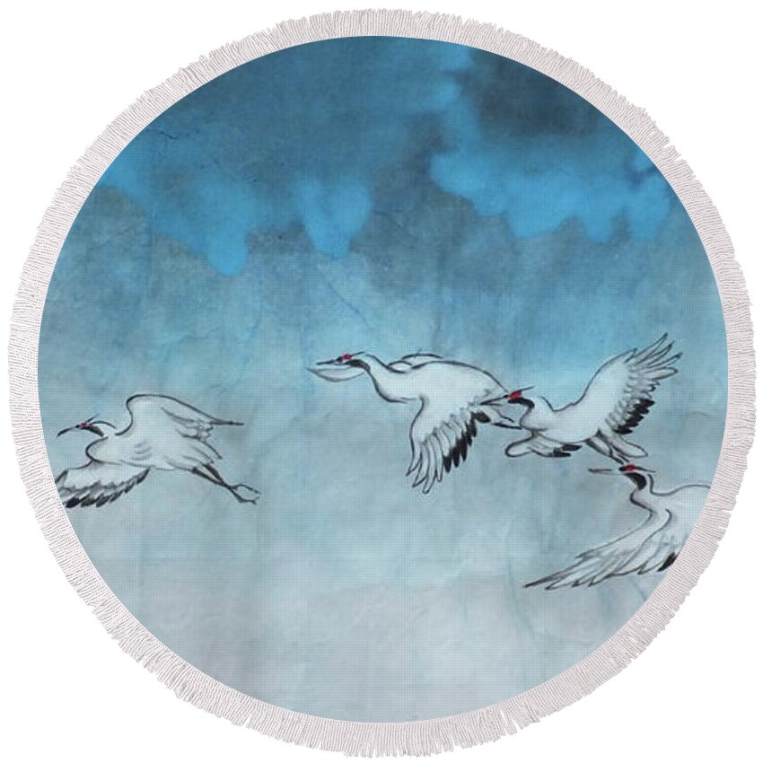 Cranes Round Beach Towel featuring the painting Under the Clouds by Vina Yang