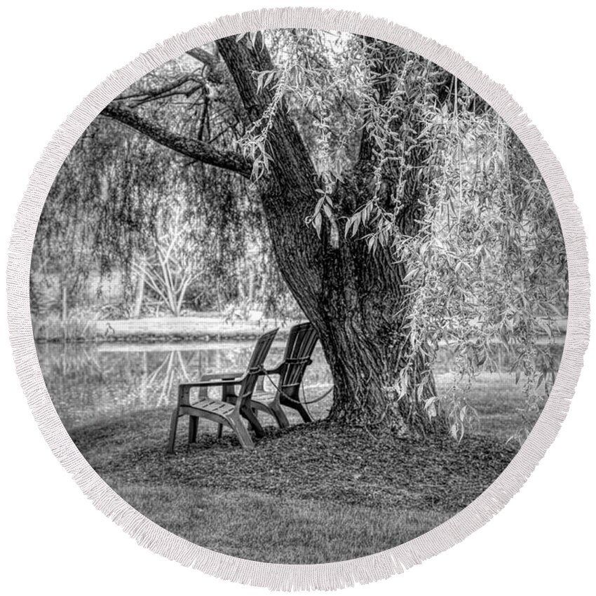 Chair Round Beach Towel featuring the photograph Under the Weeping Willow Black and White by Debra and Dave Vanderlaan