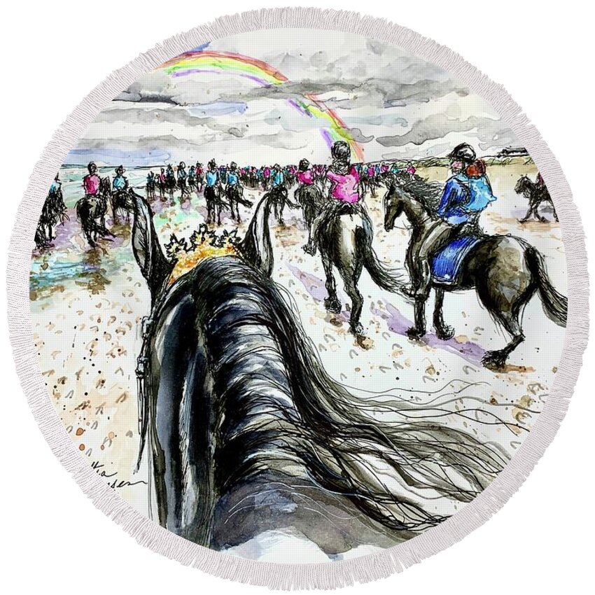 Friesian Horse Round Beach Towel featuring the painting Uniek-Friesian Beach Ride by Cynthia Sorensen