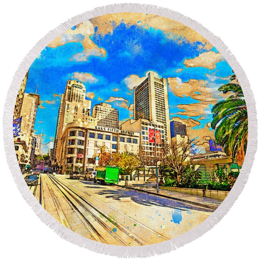 Union Square Round Beach Towel featuring the digital art Union Square near Powell Street in San Francisco - digital painting by Nicko Prints