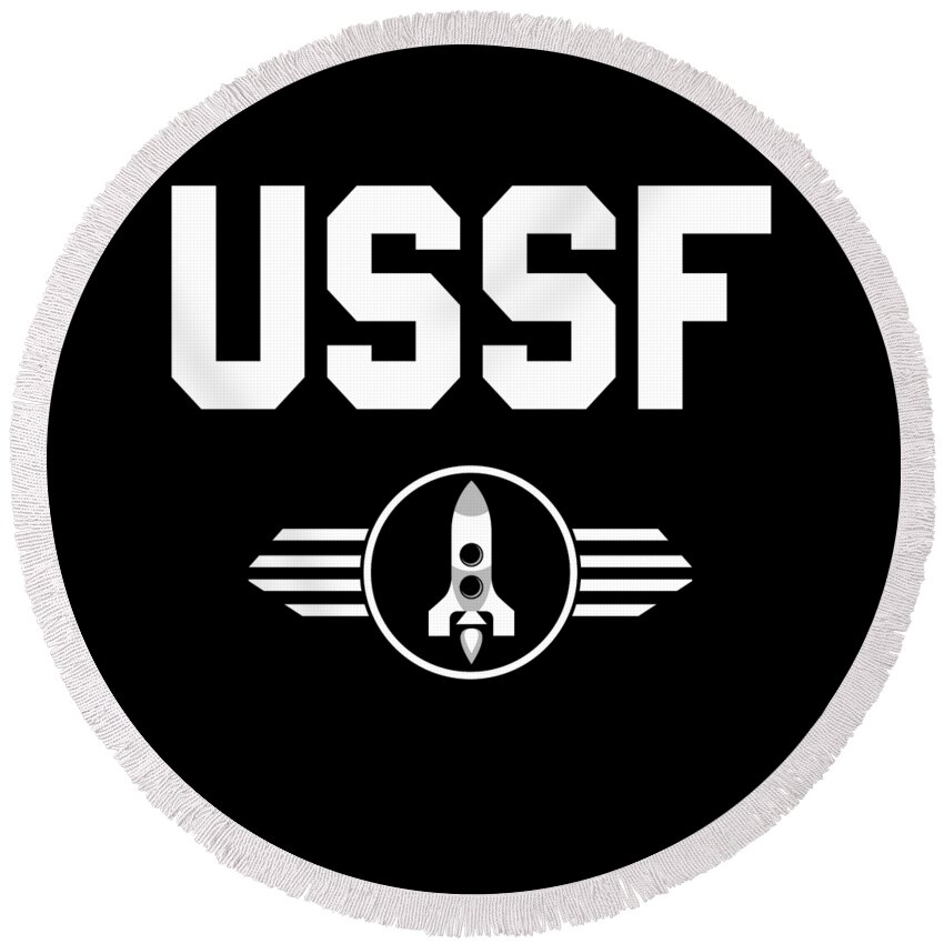 Funny Round Beach Towel featuring the digital art United States Space Force USSF by Flippin Sweet Gear