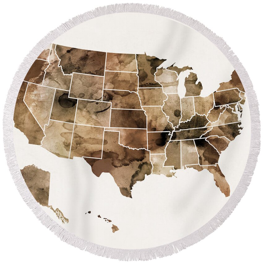 United States Map Round Beach Towel featuring the digital art United States Watercolor Map Sepia v2 by Michael Tompsett