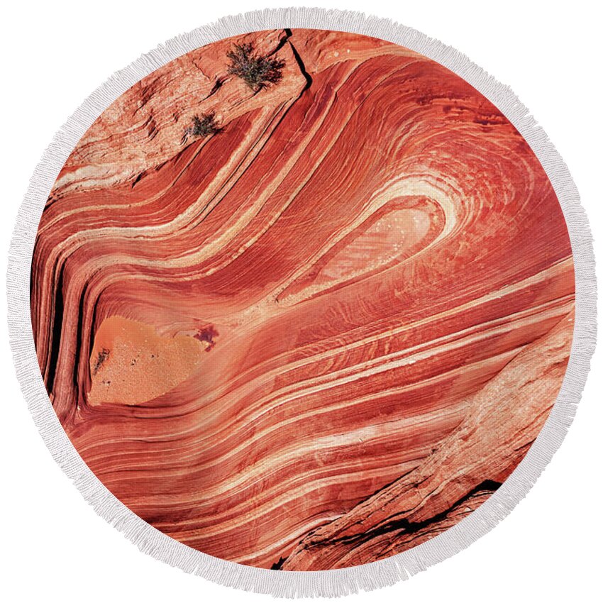 2021- Round Beach Towel featuring the photograph Unknown Sandstone Wave - Close Up Aerial by Alex Mironyuk