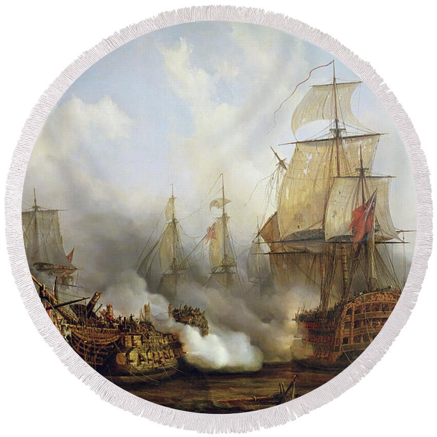 The Round Beach Towel featuring the painting Unknown title Sea Battle by Auguste Etienne Francois Mayer