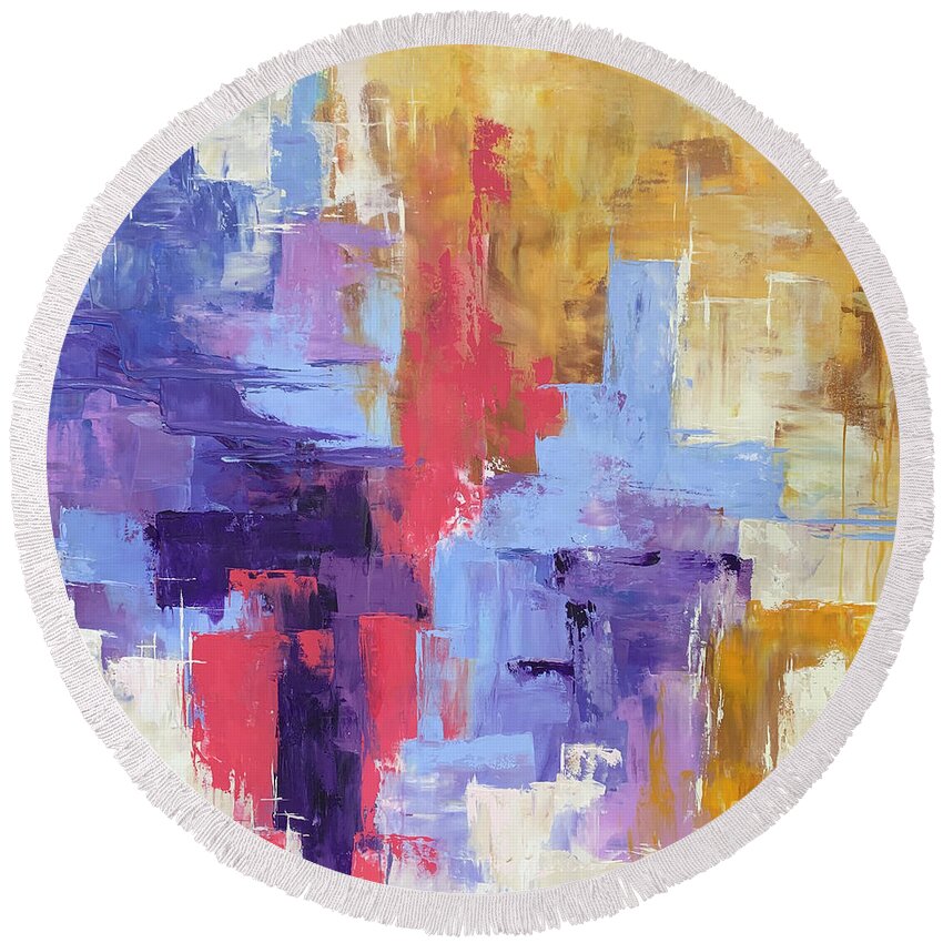 Abstract Round Beach Towel featuring the painting Untitled Gold Coral Purple by Cheryl Rhodes