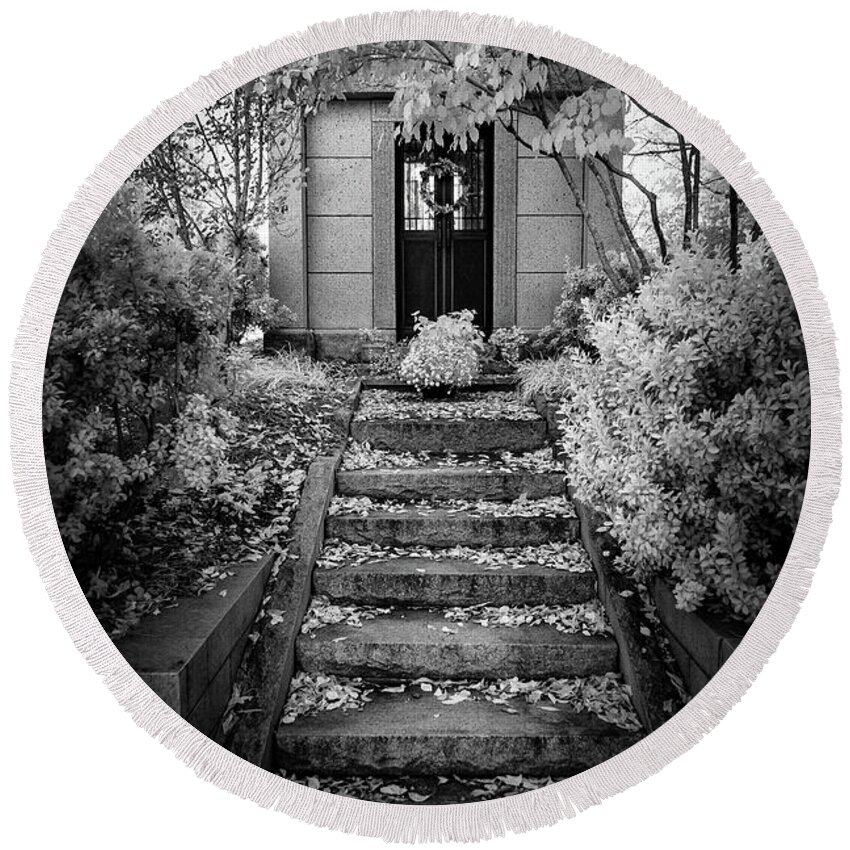 Autumn Round Beach Towel featuring the photograph Up the Autumn Staircase bw by Dan Carmichael