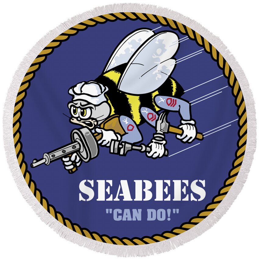 Navy Round Beach Towel featuring the photograph U.S. navy Seabees Insignia Logo by Keith Webber Jr
