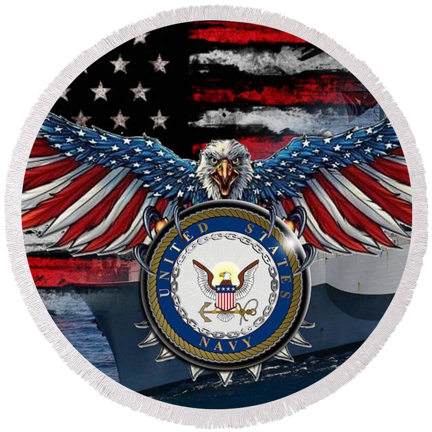 Us Round Beach Towel featuring the digital art US Navy with Eagle by Bill Richards