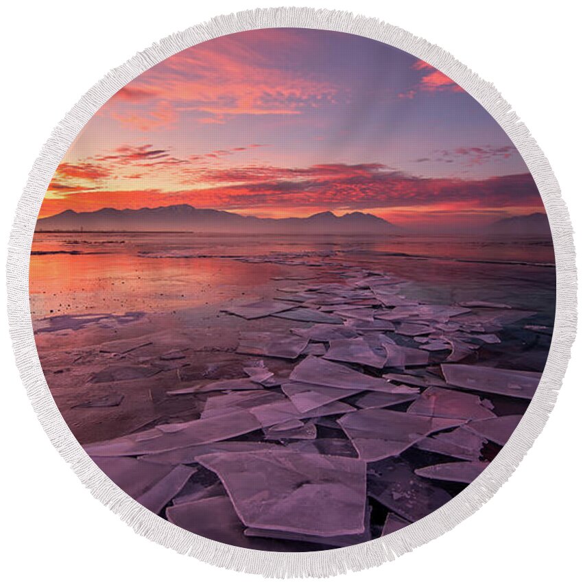 Utah Lake Round Beach Towel featuring the photograph Utah Lake Ice Sunrise by Wesley Aston