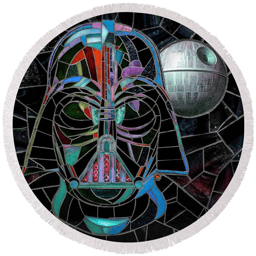 Darth Vader Mosaic Art Round Beach Towel featuring the glass art Vader by Cherie Bosela