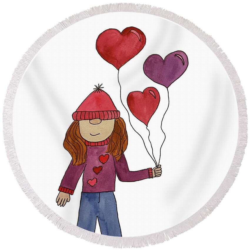 Valentine's Day Round Beach Towel featuring the mixed media Valentine's Day Girl Gnome by Lisa Neuman