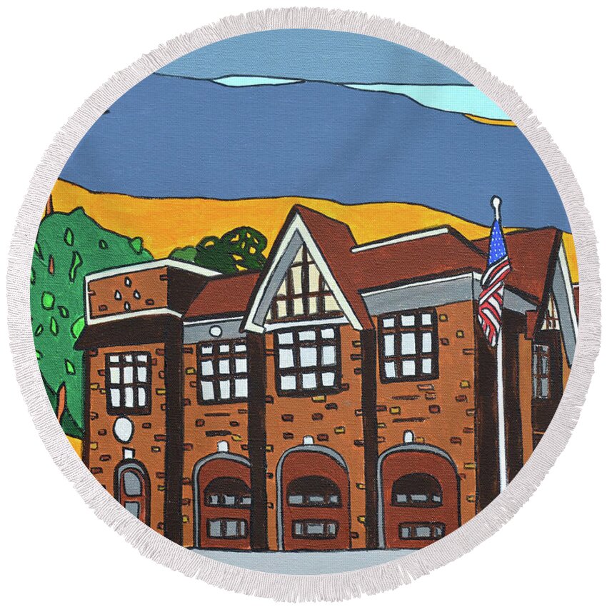 Valley Stream Fire Department Rockaway Ave. Round Beach Towel featuring the painting Valley Stream Fire House by Mike Stanko