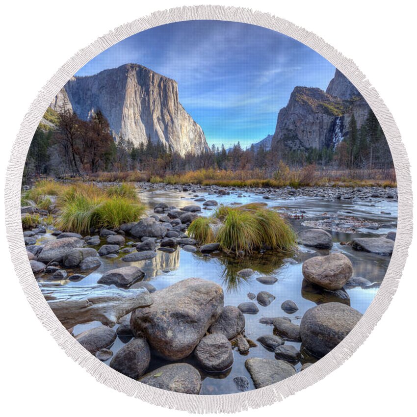 Valley View Yosemite National Park Reflections Of El Capitan In The Merced River Round Beach Towel featuring the photograph Valley View Yosemite National Park Reflections of El Capitan in the Merced River by Dustin K Ryan