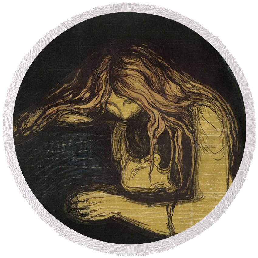 Love And Pain Round Beach Towel featuring the painting Vampire, 1895 to 1902 by Edvard Munch