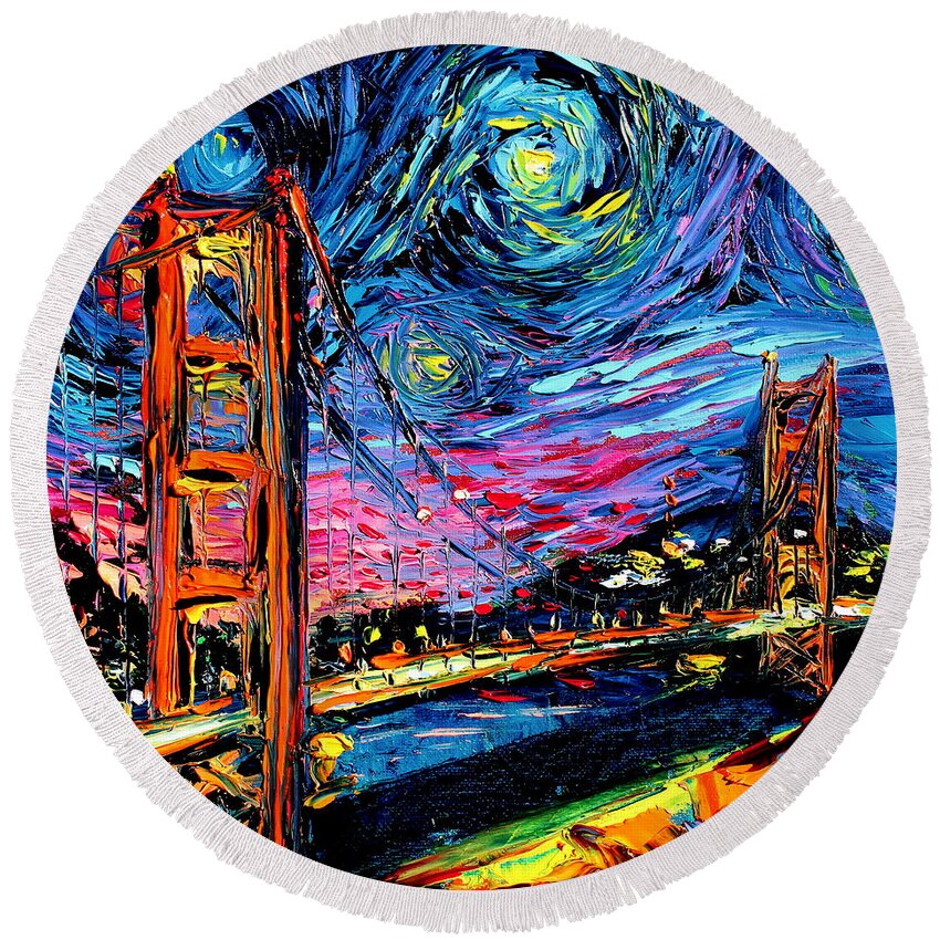 Golden Gate Bridge Round Beach Towel featuring the painting van Gogh Never Saw Golden Gate by Aja Trier