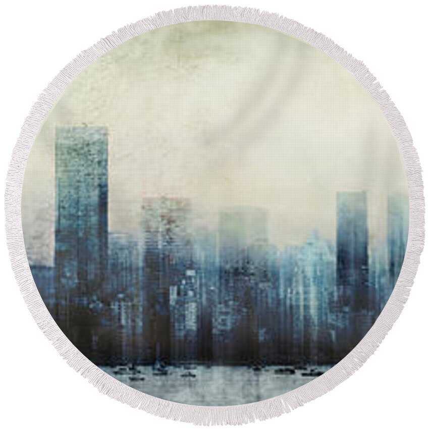 City Life Round Beach Towel featuring the mixed media Vancouver Skyline Abstract 1 by Peter V Quenter