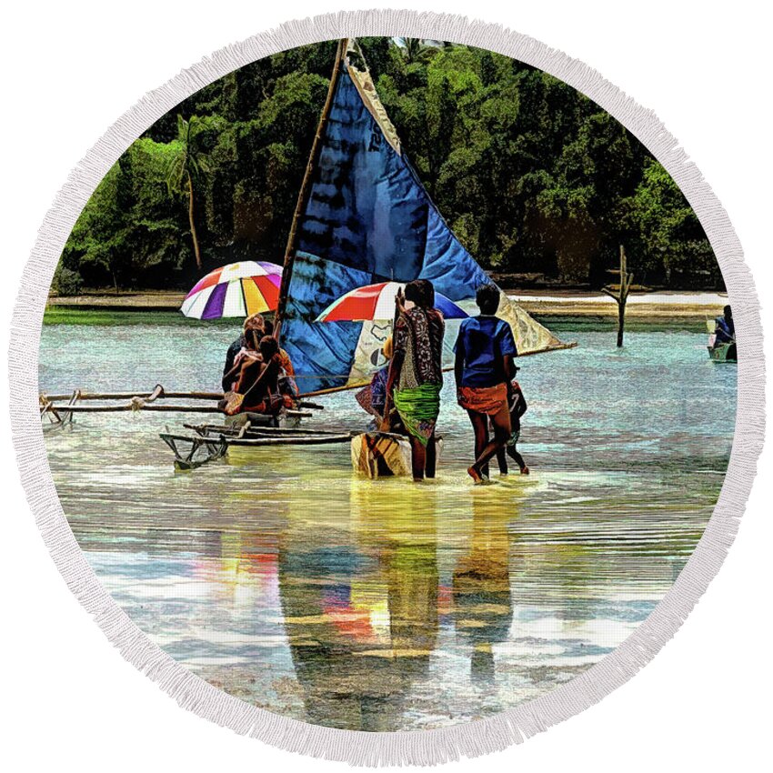 Digital. Vanuatu Round Beach Towel featuring the digital art Vanuatu Umbrella Boat by Deb Nakano