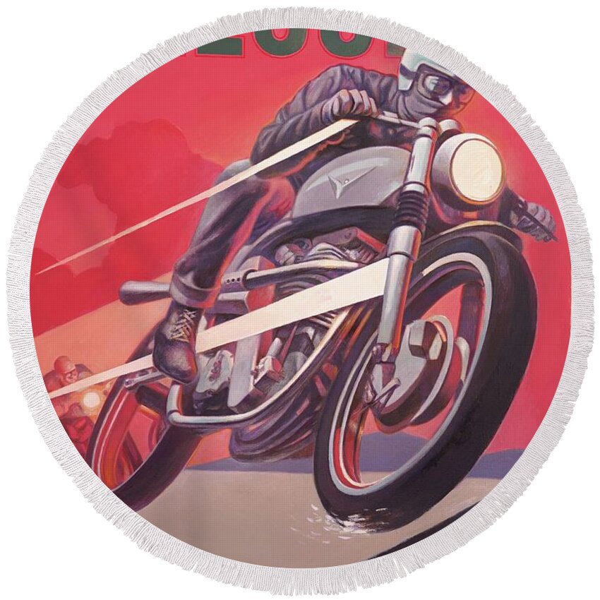 Velocity. Motorcycle Racing Round Beach Towel featuring the painting Velocity by Hans Droog
