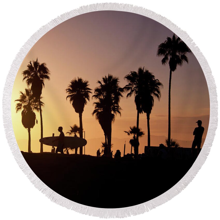 Venice Beach Round Beach Towel featuring the photograph Venice Beach Sunset by Chris Goldberg