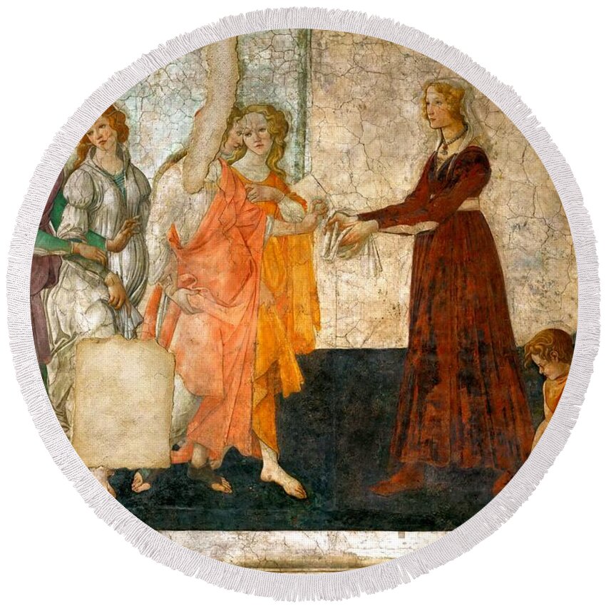 Venus And The Three Graces Presenting Gifts To A Young Woman Round Beach Towel featuring the painting Venus and the Three Graces Presenting Gifts to a Young Woman by Sandro Botticelli