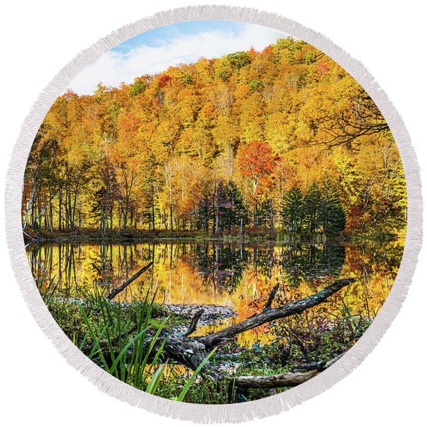 Fall Round Beach Towel featuring the photograph Vermont Autumn at Black Pond-2 by Ron Long Ltd Photography