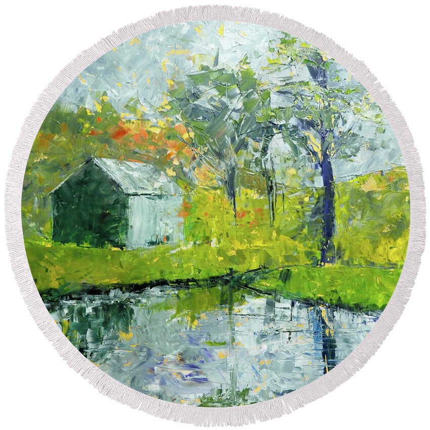 Vermont Round Beach Towel featuring the painting Vermont Green Barn by Marsha Karle