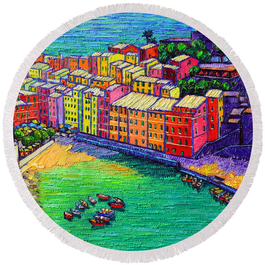 Vernazza Round Beach Towel featuring the painting Vernazza Cinque Terre Italy Painting Detail by Ana Maria Edulescu