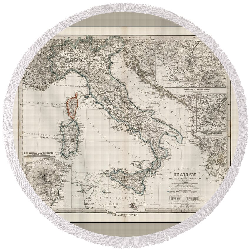 Map Round Beach Towel featuring the painting Very detailed map of Italy, illustrating the great precision by MotionAge Designs