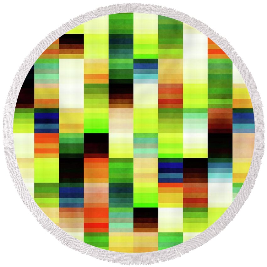 Colorful Round Beach Towel featuring the mixed media Vibrant Geometric Glitch Pattern - Chartreuse, Green by Studio Grafiikka