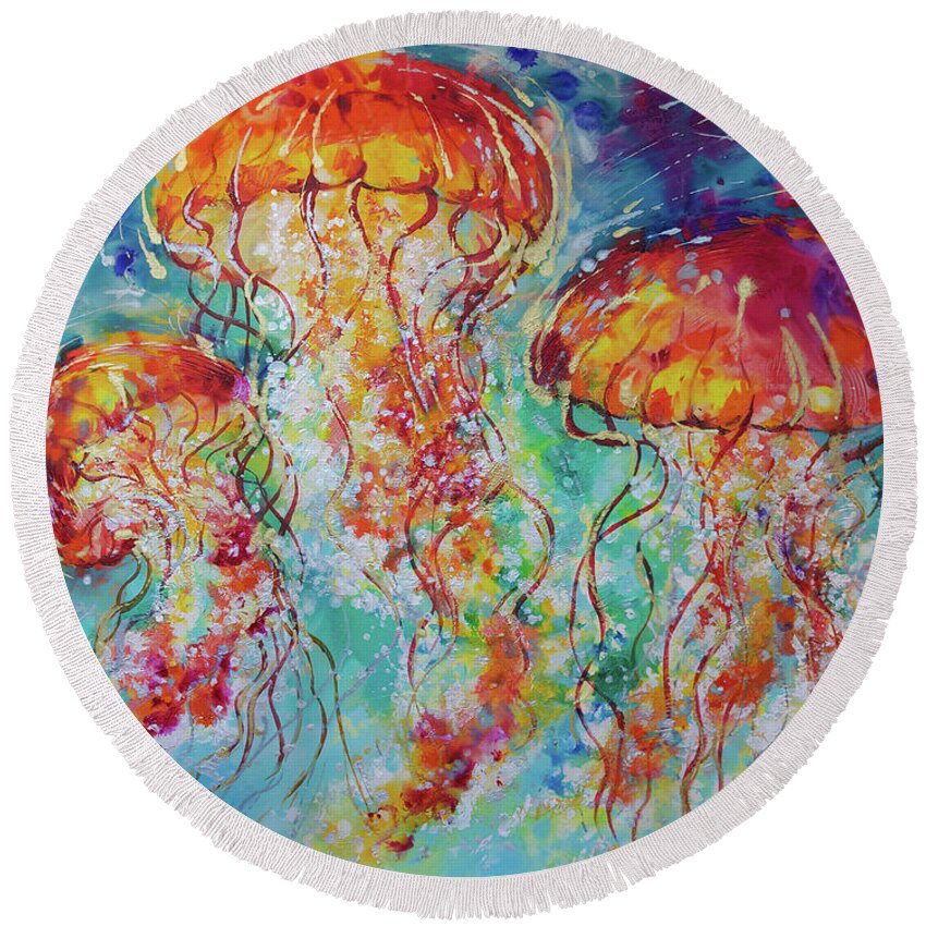  Round Beach Towel featuring the painting Vibrant Jellyfish by Jyotika Shroff