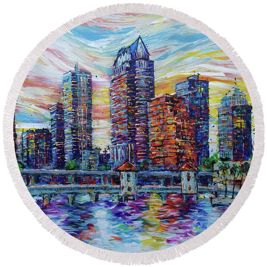  Round Beach Towel featuring the painting Vibrant Tampa Skyline by Jyotika Shroff
