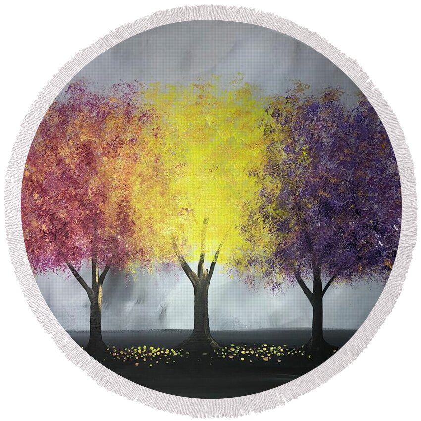 Trees Round Beach Towel featuring the painting Vibrant Trio by Stacey Zimmerman
