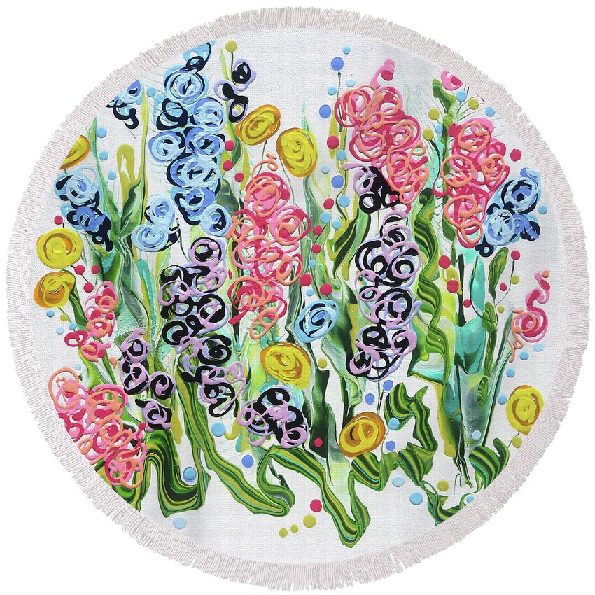 Fluid Acrylic Painting Round Beach Towel featuring the painting Victorian Garden by Jane Crabtree