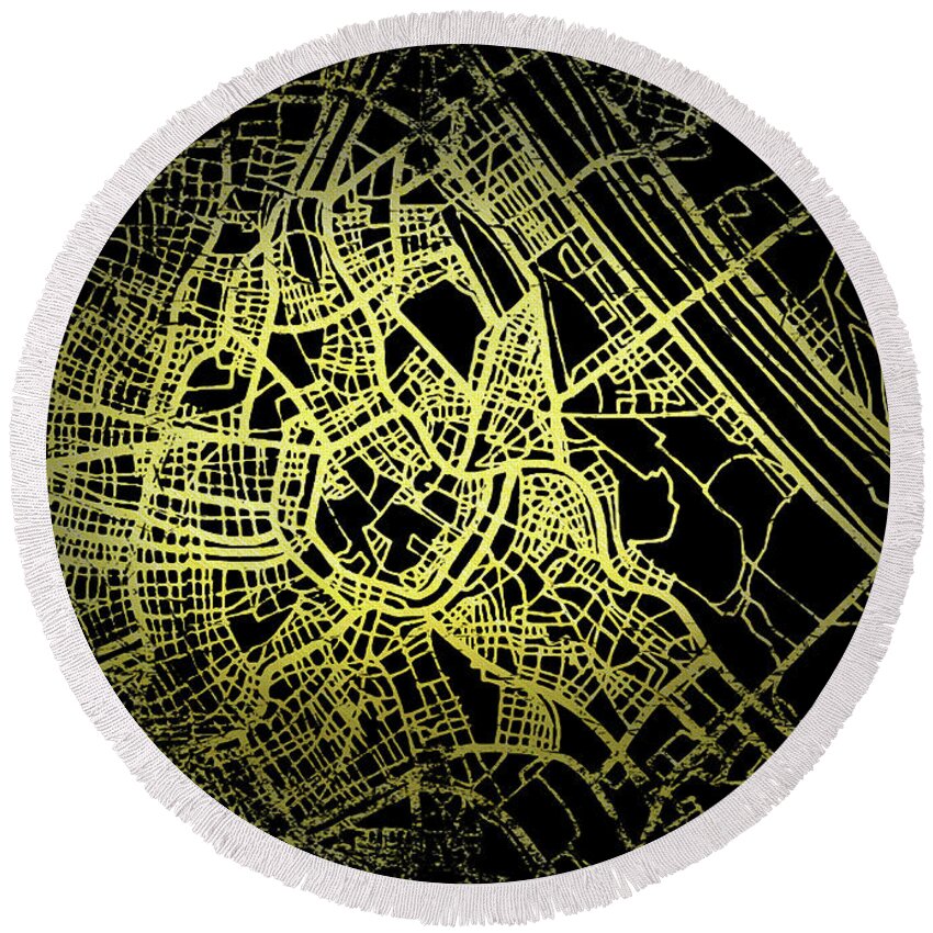 Map Round Beach Towel featuring the digital art Vienna Map in Gold and Black by Sambel Pedes