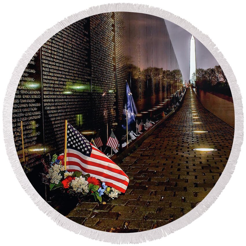 Vietnam Round Beach Towel featuring the photograph Vietnam Veterans Memorial at Night by Nick Zelinsky Jr