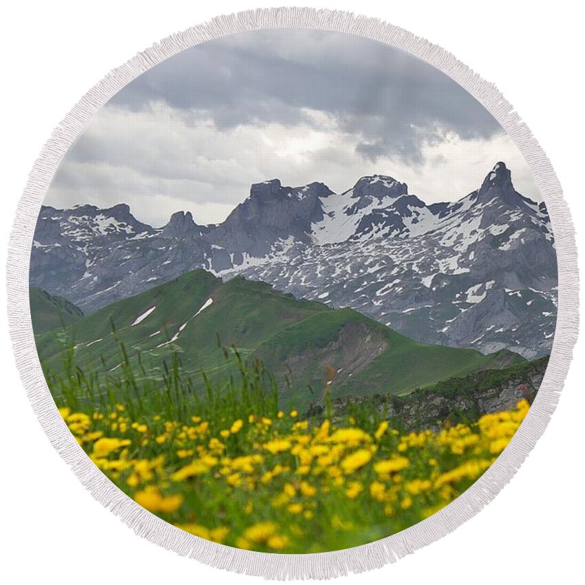 Yellow Flowers Round Beach Towel featuring the photograph Swiss Alps Mountain View by Yvonne M Smith