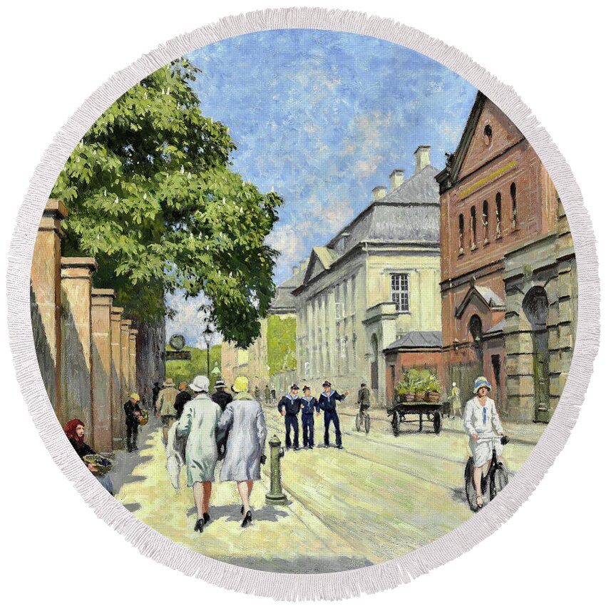 View From Bredgade At The Church Of Saint Ansgar In Copenhagen Round Beach Towel featuring the painting View from Bredgade at the Church of Saint Ansgar in Copenhagen by Paul Gustav Fischer