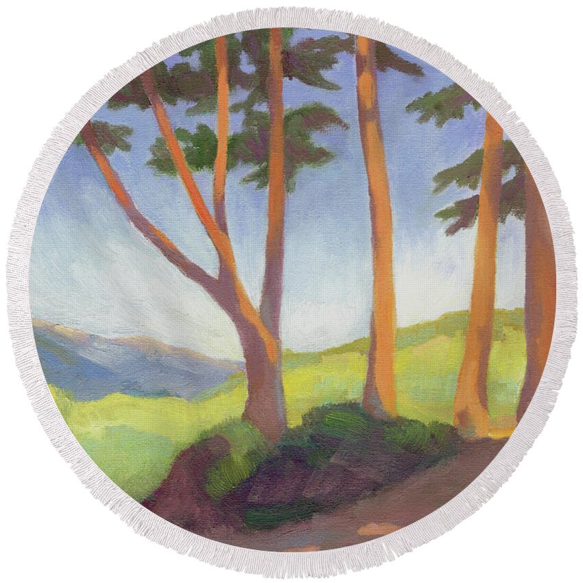 Landscape Round Beach Towel featuring the painting View from Legion of Honor Museum by Linda Ruiz-Lozito