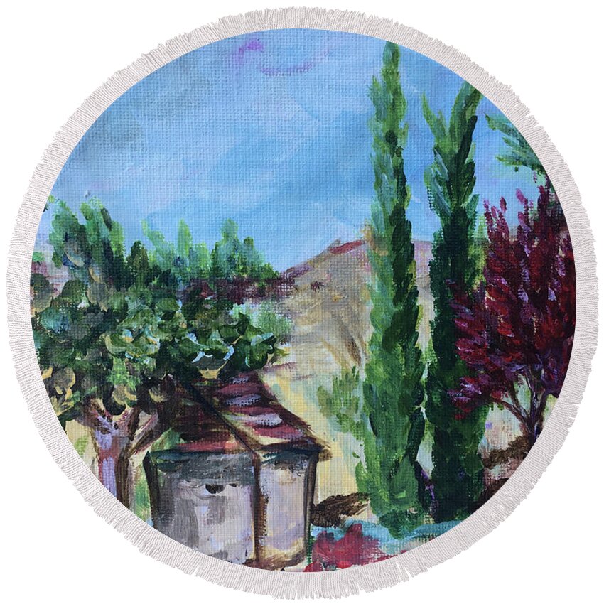 Maurice Carrie Winery Round Beach Towel featuring the painting View from Maurice Carrie Winery by Roxy Rich