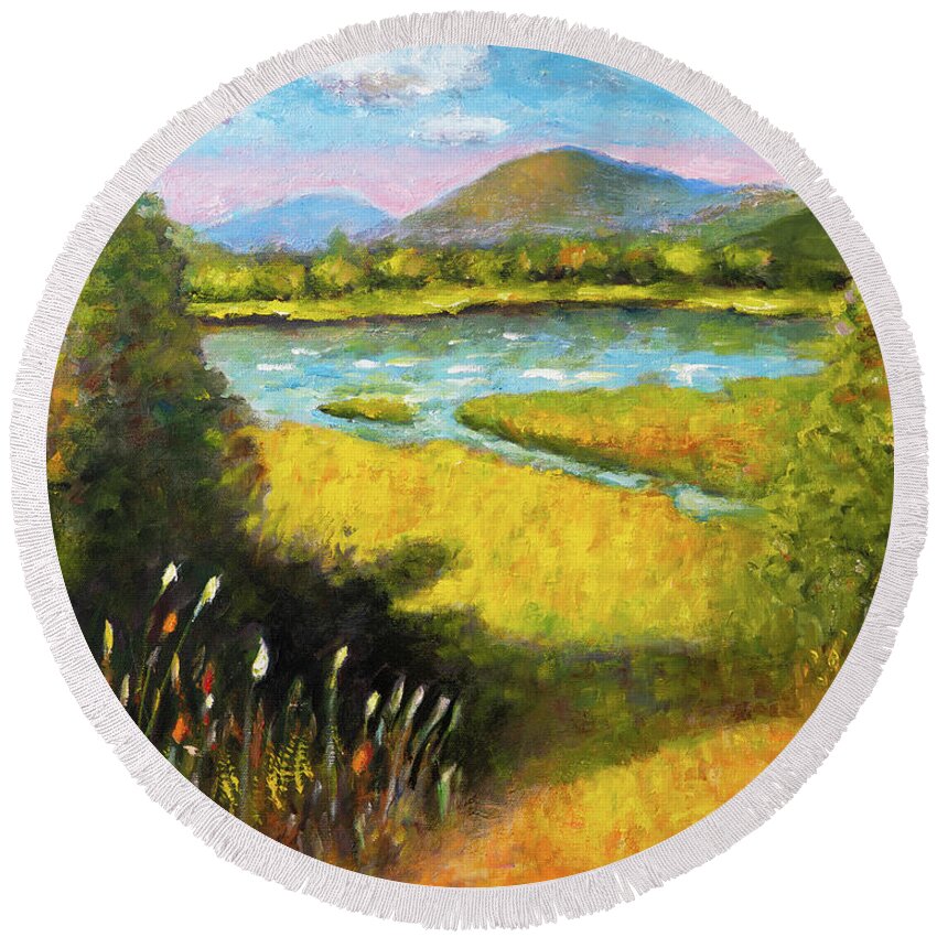 Landscape Round Beach Towel featuring the painting View from Philomath Scout Lodge by Mike Bergen